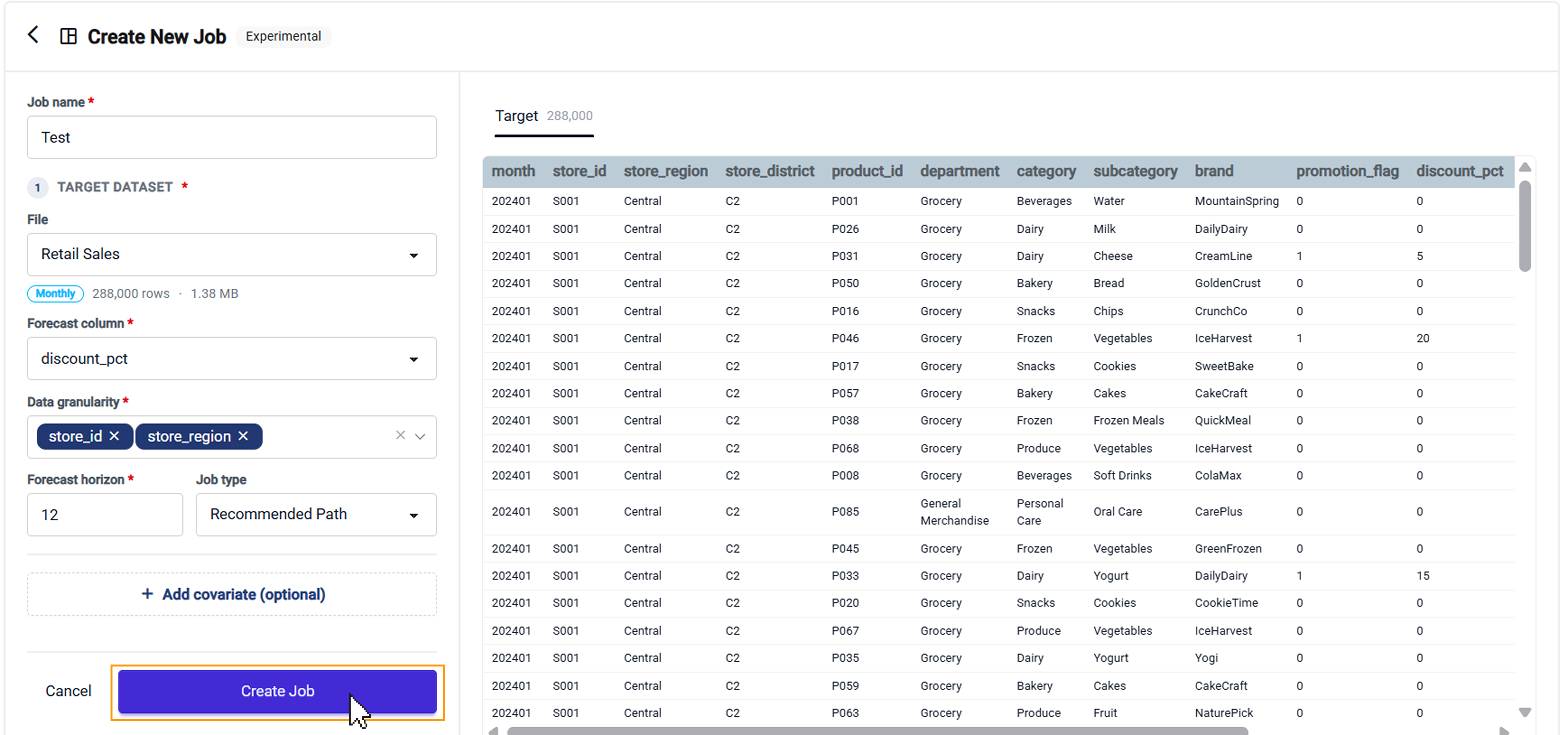 Creating a new job with specified parameters in a data analysis tool interface.